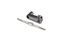 A grey metal servo horn and a silver threaded metal steering link rod for an RC vehicle, isolated on a white background.