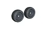 A pair of black ARRMA dBoots 2-HO RC buggy tires with detailed tread and black wheels against a white background.