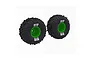 Two ARRMA dBoots Cut Chevron monster truck tires with green rims and black rubber treads, shown against a white background.