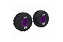 Two ARRMA dBoots Cut Chevron monster truck tires with purple rims and black rubber treads on a white background.