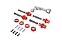 ARRMA 17mm wheel hex conversion kit including red anodized hex adapters, wheel nuts, pins, and a silver wheel wrench tool.