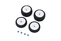 Four Pro-Line 1/24 Electron 2.0 buggy tires mounted on white wheels, accompanied by four blue anodized wheel nuts on a white background.
