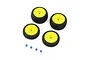 Four Pro-Line Electron 2.0 buggy tires mounted on bright yellow wheels with four blue wheel nuts on a white background.