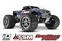 Traxxas E-Maxx Brushless 4WD RC monster truck in blue and black livery, shown from a front three-quarter angle against a white background.