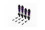 A set of four assembled ARRMA RC shock absorbers with purple bodies and black springs, accompanied by eight black mounting screws.