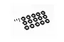 A set of sixteen black ARRMA motor plates with varying gear mesh markings, arranged in a grid, accompanied by three small black screws.