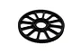 A black plastic main gear for an RC helicopter, featuring a spoked design and fine teeth around the outer edge, isolated on a white background.