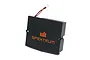 A black Spektrum transmitter battery pack with an orange logo and a white connector on a white background.