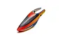 A replacement helicopter canopy for the Blade Revolution 90 FP, featuring a red, orange, blue, and black graphic design on a white background.