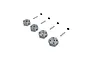 Four silver aluminium 12mm wheel hexes for RC cars, arranged with matching metal pins and small black grub screws on a white background.