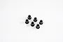 A set of six small black flanged bushings arranged on a plain white background.