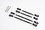A set of FMS RC turnbuckles including four threaded metal rods of varying lengths, eight plastic rod ends, and eight metal pivot balls on a white background.
