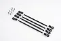 FMS Rear Turnbuckle Set V1 including four threaded metal rods, eight plastic rod ends, and eight metal pivot balls on a white background.