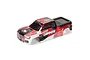 A red, white, and black ARRMA Granite 1/10 scale RC truck body shell on a white background.