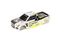ARRMA 1/10 Granite 4X4 clipless painted body shell in yellow, white, and black with racing graphics.