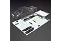 An unpainted clear polycarbonate body shell for an ARRMA Big Rock Crew Cab RC truck, shown with a decal sheet and window masks on a dark background.