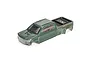 ARRMA 1/10 Big Rock Crew 4X4 clipless painted body shell in green with gold graphics, viewed from a high angle against a white background.