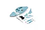 Losi 1/18 Mini LMT Megalodon RC truck body shell kit in blue, including main body, shark-themed panels, screws, tinted window, and decal sheet.