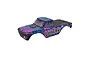 ARRMA 1/10 Quake 223S painted RC truck body shell in purple and blue with geometric patterns.