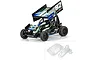 A fully assembled RC sprint car with a painted body and a separate set of clear, unpainted body panels shown in the bottom right corner.