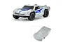 A stone grey Pro-Line Sector Fury short course RC body shell shown both mounted on a vehicle and as an unpainted shell.