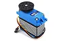 Hitec D845WP waterproof monster torque servo with a blue top housing and a black and silver finned metal case.