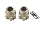 Two silver aluminium wheel hex adapters with threaded shafts and two metal drive pins for TLR 5IVE-B RC car.