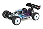Team Associated RC8B4.2 1/8 scale nitro RC buggy with blue and white painted body, white wheels, and rear wing on a white background.