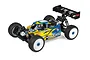 Team Associated RC8B4.2 nitro RC buggy with a blue and yellow painted body, white wheels, and a rear wing on a white background.