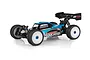 Team Associated RC8B4.2e 1/8 scale electric RC buggy kit, featuring a blue and black painted body, white wheels, and rear wing on a white background.