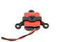 A MyLaps RC4 transponder with a red housing and black mounting bracket, featuring a serial number and attached red and black wires.