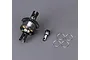 Fonzon metal RC differential assembly with a pinion gear and four metal shims on a grey background.