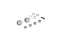 A set of Kyosho metal bevel differential gears, including two large bevel gears, four small satellite gears, three washers, and two metal pins.