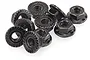 A cluster of ten black steel flanged serrated wheel nuts for RC vehicles.