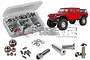 A stainless steel screw kit for the SCX10 III Jeep JT Gladiator, featuring a plastic storage box filled with various screws, nuts, and washers.