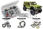 RC Screwz bearing kit for SCX6 featuring a plastic storage box filled with various metal ball bearings and a green RC Jeep Wrangler model.