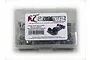 A clear plastic storage box filled with stainless steel screws and hex wrenches for a Tamiya TT-02 RC car, featuring an RC Screwz product label.