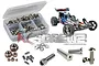 RC Screwz stainless steel screw kit for Traxxas Bandit VXL, featuring a plastic storage case filled with various screws, nuts, and washers.