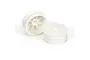 Two white Pro-Line 2.2 inch dish rims for 2WD RC buggies, shown from front and rear angles.