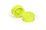 Two bright yellow Pro-Line 2.2-inch dish rims for 2WD RC buggies, shown from front and rear angles against a white background.