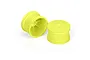 Two bright yellow Pro-Line 2.2 inch RC buggy dish wheels shown from different angles against a white background.