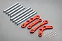 A set of Rovan red anodized aluminium suspension braces, silver steel suspension pins, and small E-clips arranged on a grey background.