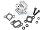 Rovan silver aluminium intake manifold with heat sink fins, two bolts, two gaskets, and two washers on a white background.