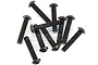 A collection of ten black metal button head screws with fine threads, arranged on a white background.