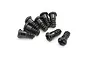 A cluster of eight black metal button head screws with coarse threads, isolated on a white background.