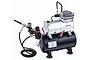 Hseng air compressor unit with a black air tank, silver motor, pressure regulator, and an attached airbrush with a black hose.