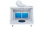 Hseng water curtain airbrush spray booth with a white exhaust hose, blue filter panel, and a black rotating turntable on a white background.