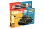 Italeri 1/56 scale Sherman M4A3E8 Fury plastic model starter kit in its retail packaging, including glue and three AK acrylic brush markers.