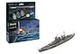 Revell 1/1200 scale Gneisenau battleship model kit box and a fully assembled, painted grey model ship on a white background.
