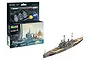 Revell 1/1200 scale HMS Duke of York battleship model kit box and a fully assembled, painted model ship.
